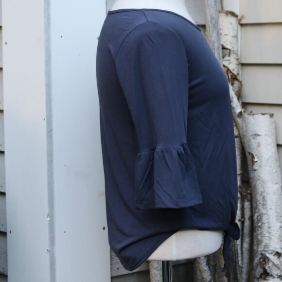 Lavender Field Slte Blue Tie Waist 3/4 Ruffle Sleeve Knit Rayon Blend Tee SMALL - Picture 4 of 6